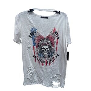 Raggs II Riches Women's Distressed Skull American Flag Graphic T-Shirt White